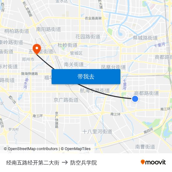 经南五路经开第二大街 to 防空兵学院 map