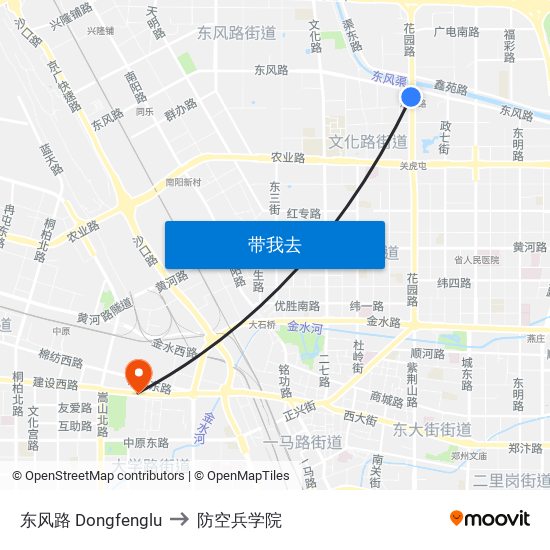 东风路 Dongfenglu to 防空兵学院 map