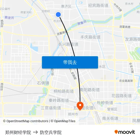 郑州财经学院 to 防空兵学院 map