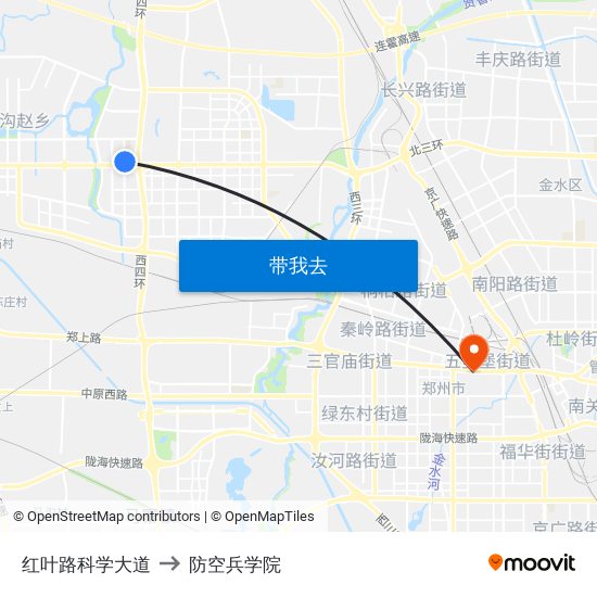 红叶路科学大道 to 防空兵学院 map