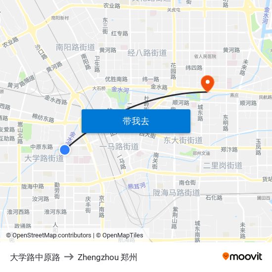 大学路中原路 to Zhengzhou 郑州 map