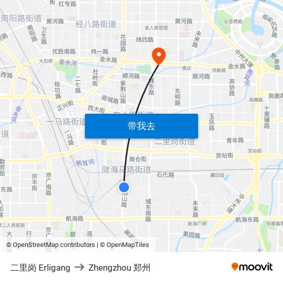 二里岗 Erligang to Zhengzhou 郑州 map