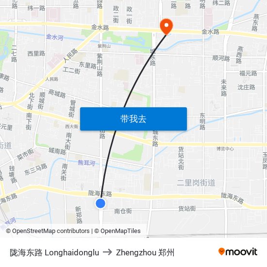 陇海东路 Longhaidonglu to Zhengzhou 郑州 map