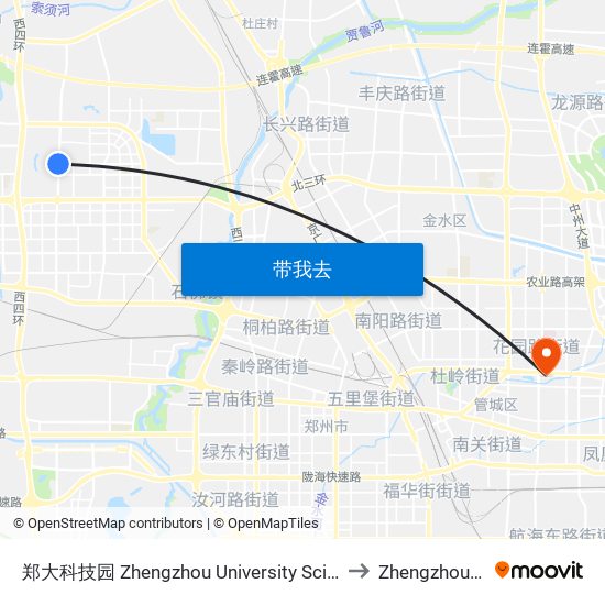 郑大科技园 Zhengzhou University Sci-Tech Park to Zhengzhou 郑州 map