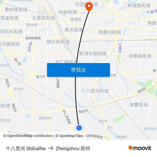 十八里河 Shibalihe to Zhengzhou 郑州 map