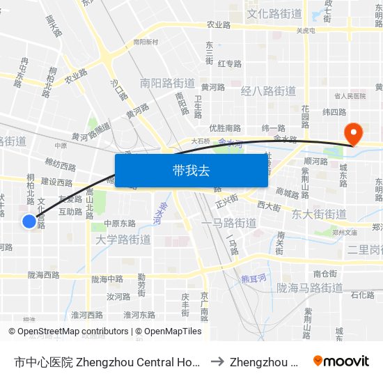 市中心医院 Zhengzhou Central Hospital to Zhengzhou 郑州 map