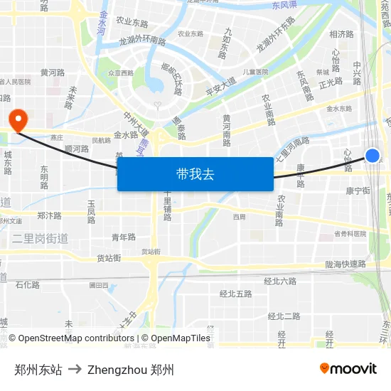 郑州东站 to Zhengzhou 郑州 map