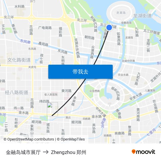 金融岛城市展厅 to Zhengzhou 郑州 map