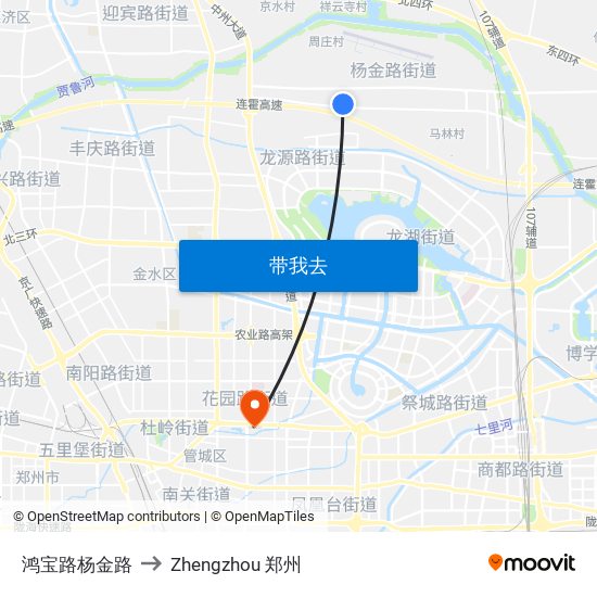 鸿宝路杨金路 to Zhengzhou 郑州 map