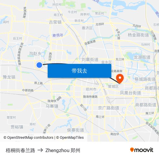 梧桐街春兰路 to Zhengzhou 郑州 map