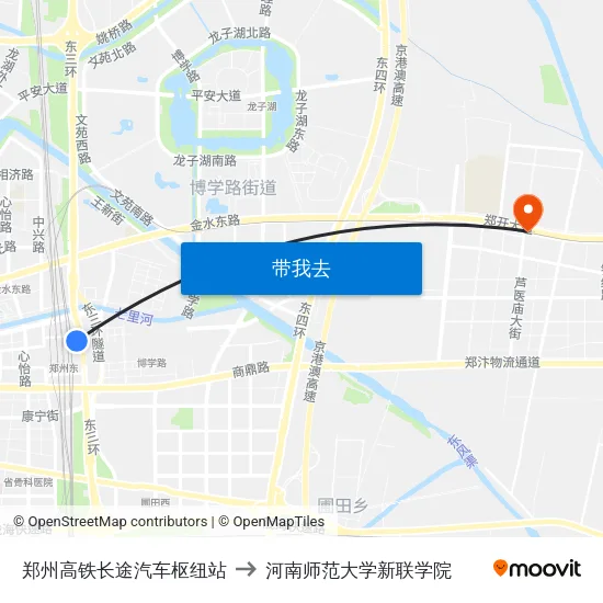 郑州高铁长途汽车枢纽站 to 河南师范大学新联学院 map