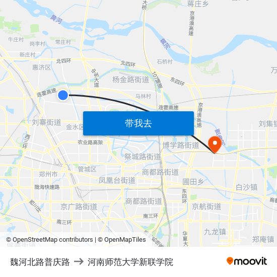 魏河北路普庆路 to 河南师范大学新联学院 map