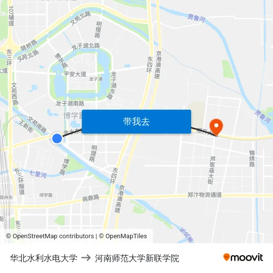 华北水利水电大学 to 河南师范大学新联学院 map
