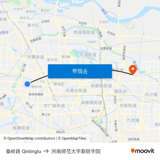 秦岭路 Qinlinglu to 河南师范大学新联学院 map
