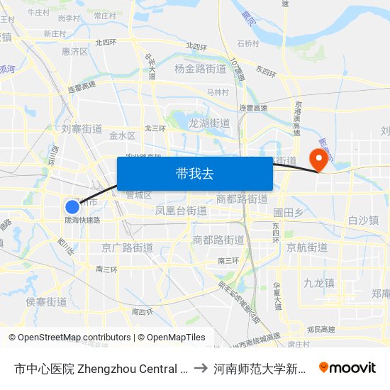 市中心医院 Zhengzhou Central Hospital to 河南师范大学新联学院 map