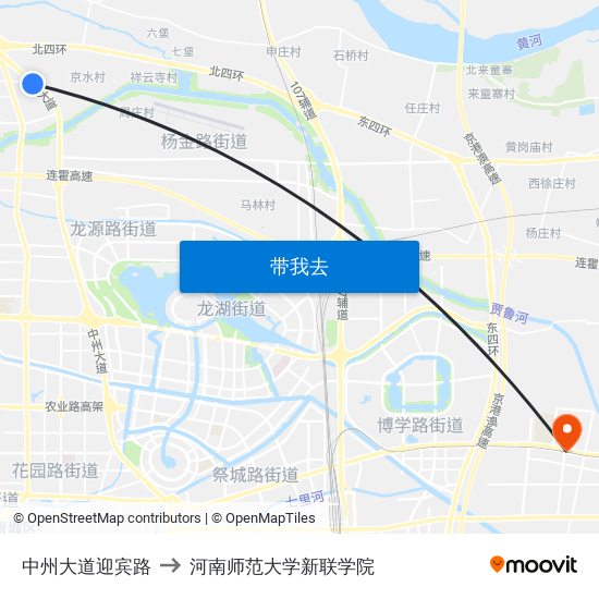 中州大道迎宾路 to 河南师范大学新联学院 map