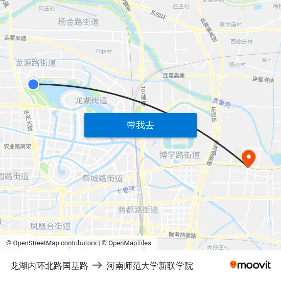龙湖内环北路国基路 to 河南师范大学新联学院 map