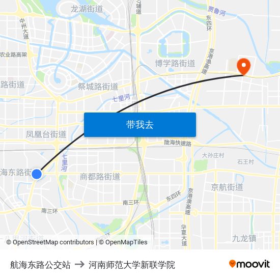 航海东路公交站 to 河南师范大学新联学院 map