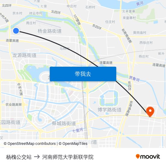 杨槐公交站 to 河南师范大学新联学院 map