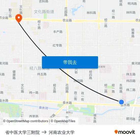省中医大学三附院 to 河南农业大学 map