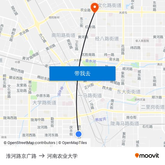 淮河路京广路 to 河南农业大学 map