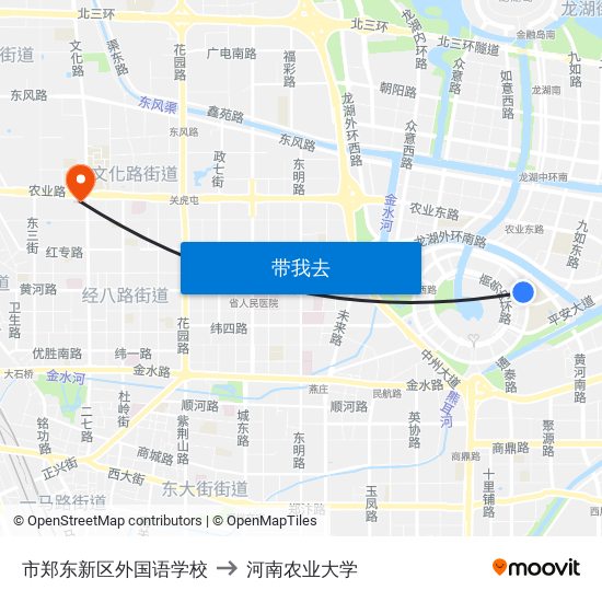 市郑东新区外国语学校 to 河南农业大学 map