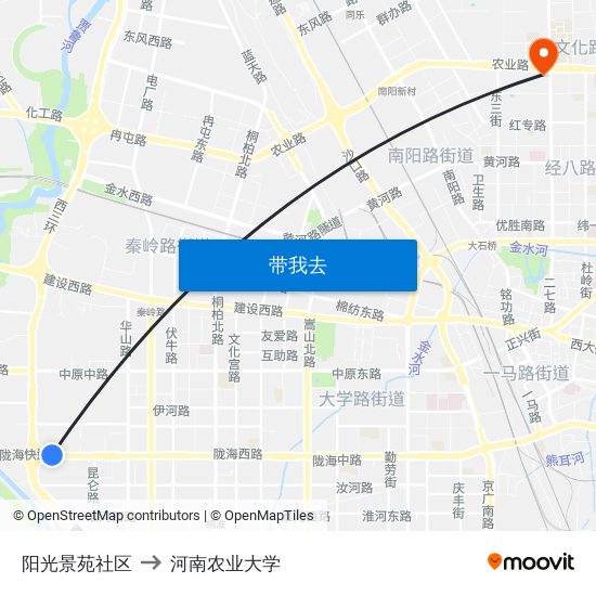 阳光景苑社区 to 河南农业大学 map