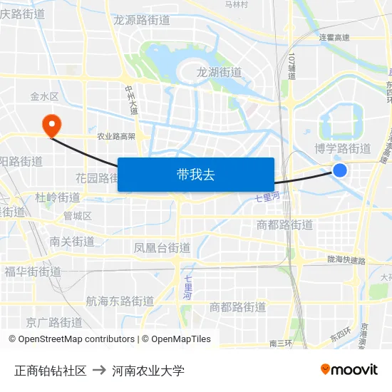 正商铂钻社区 to 河南农业大学 map