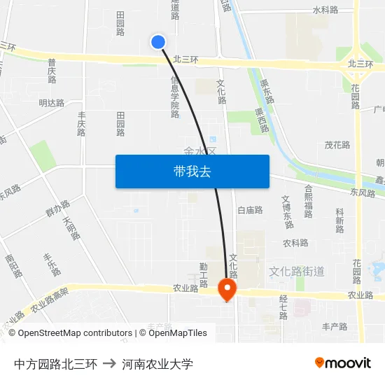 中方园路北三环 to 河南农业大学 map