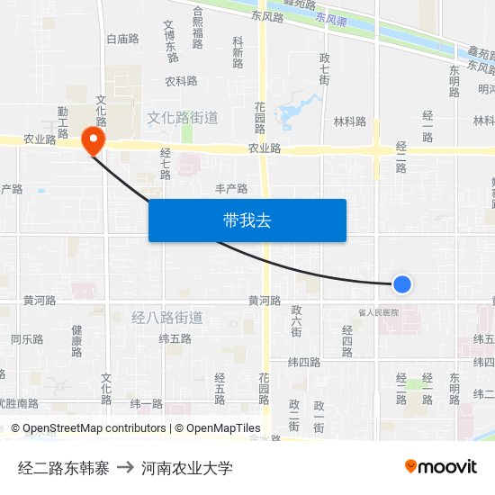 经二路东韩寨 to 河南农业大学 map