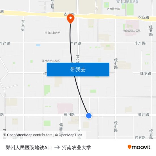 郑州人民医院地铁A口 to 河南农业大学 map