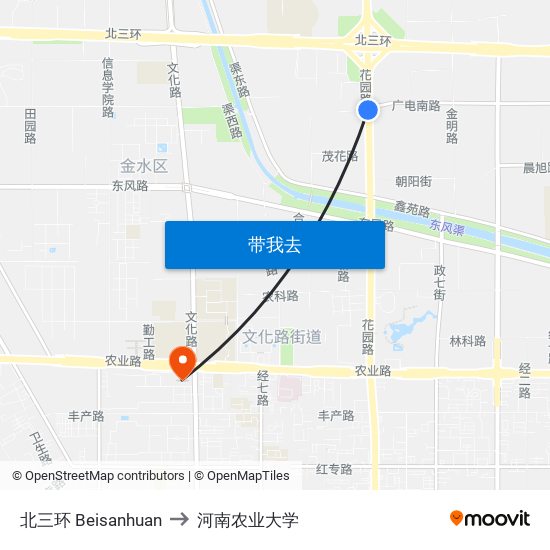 北三环 Beisanhuan to 河南农业大学 map