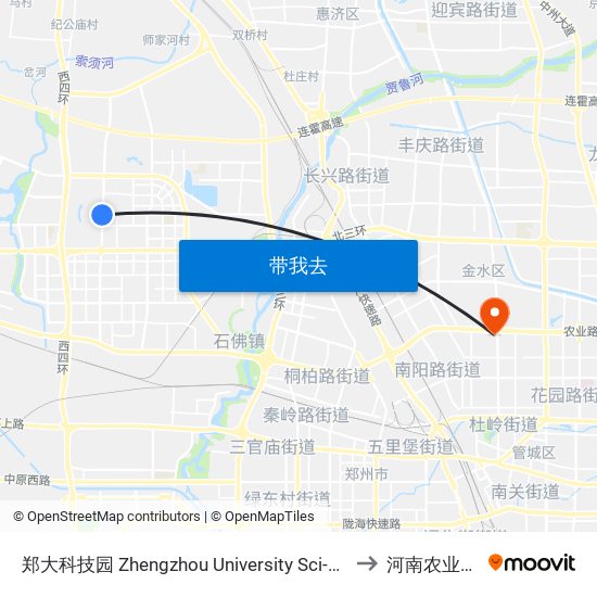 郑大科技园 Zhengzhou University Sci-Tech Park to 河南农业大学 map