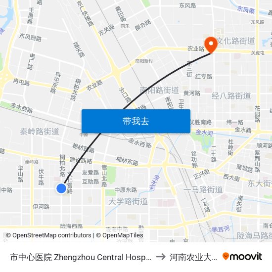 市中心医院 Zhengzhou Central Hospital to 河南农业大学 map