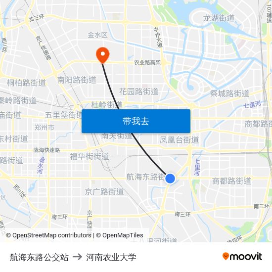 航海东路公交站 to 河南农业大学 map