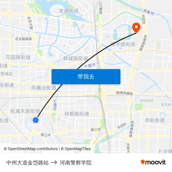 中州大道金岱路站 to 河南警察学院 map