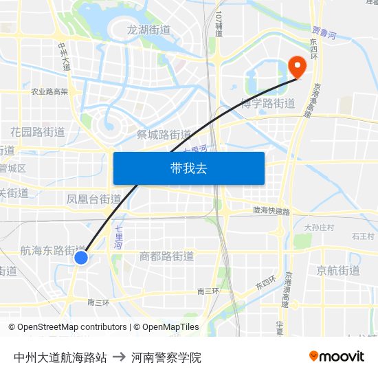 中州大道航海路站 to 河南警察学院 map