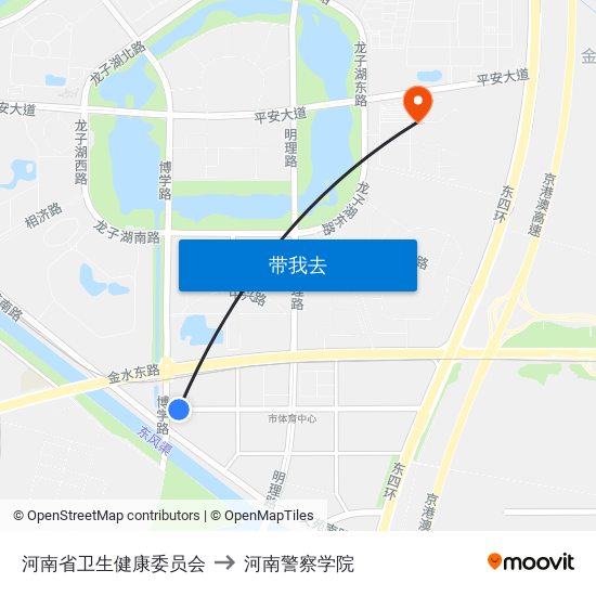 河南省卫生健康委员会 to 河南警察学院 map