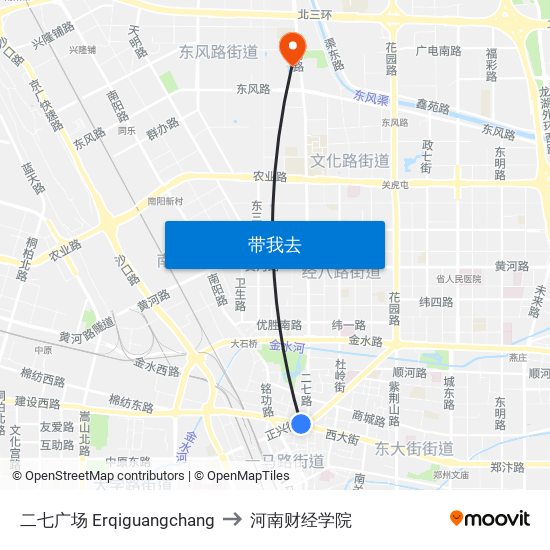 二七广场 Erqiguangchang to 河南财经学院 map