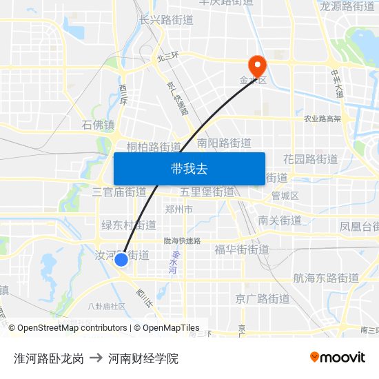 淮河路卧龙岗 to 河南财经学院 map