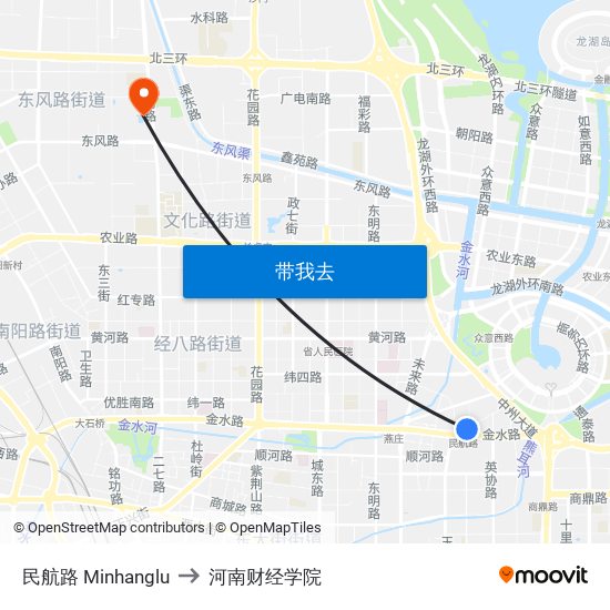 民航路 Minhanglu to 河南财经学院 map