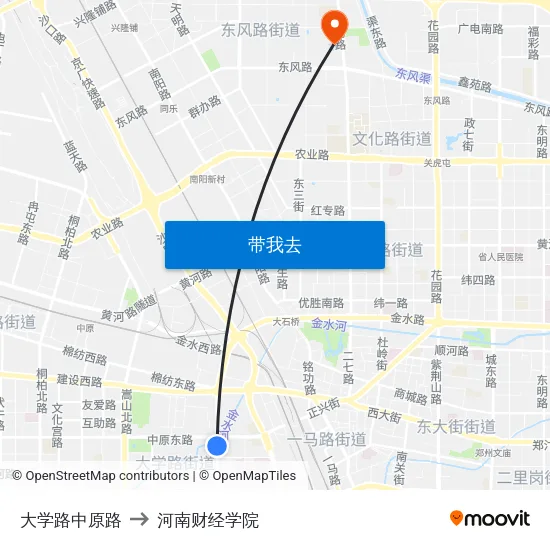 大学路中原路 to 河南财经学院 map