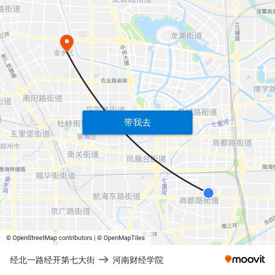 经北一路经开第七大街 to 河南财经学院 map