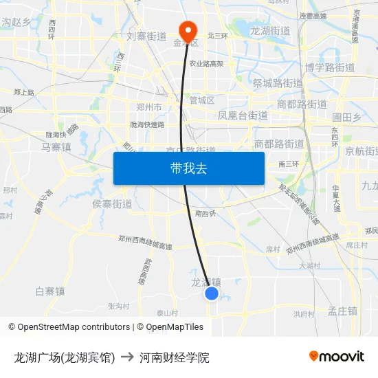 龙湖广场(龙湖宾馆) to 河南财经学院 map
