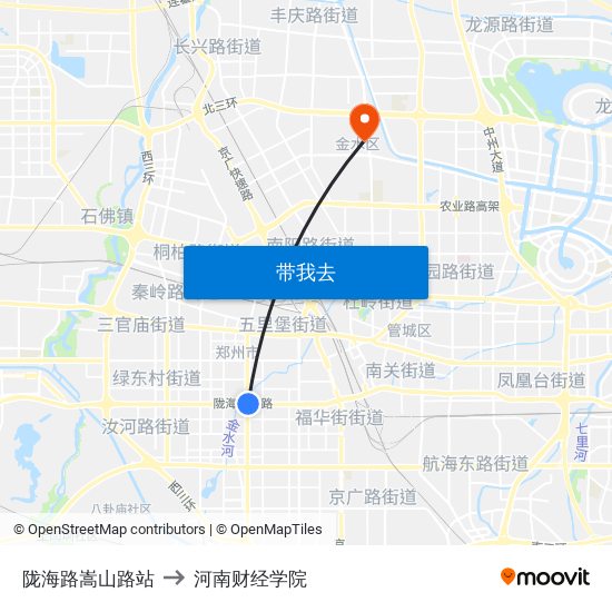 陇海路嵩山路站 to 河南财经学院 map