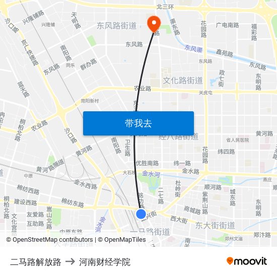 二马路解放路 to 河南财经学院 map