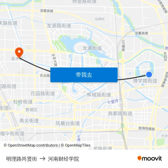 明理路尚贤街 to 河南财经学院 map