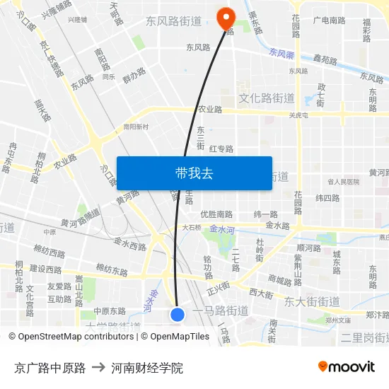 京广路中原路 to 河南财经学院 map
