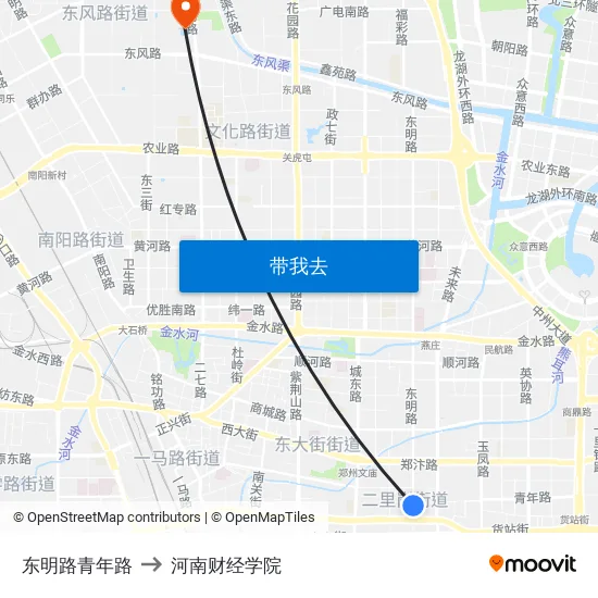 东明路青年路 to 河南财经学院 map