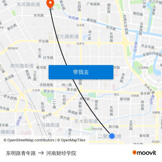 东明路青年路 to 河南财经学院 map